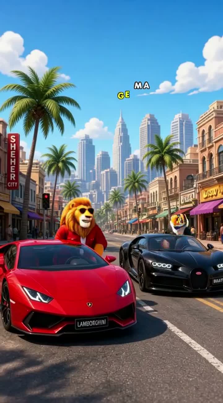 Ek din sher apni laal Lamborghini mein baith kar shehar mein ghoom… — AI cartoon