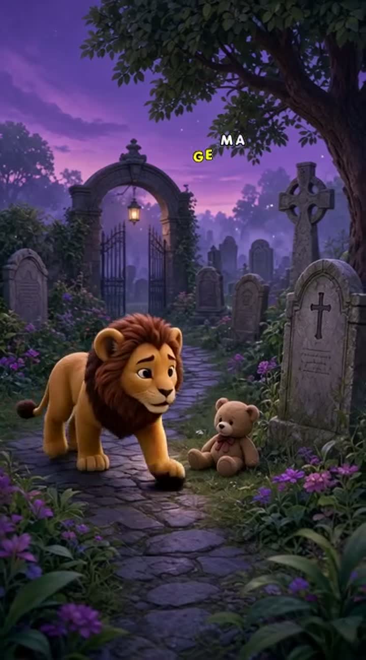 Lion go to the graveyard nd finds a teddy bear Animated cartoon… — AI cartoon