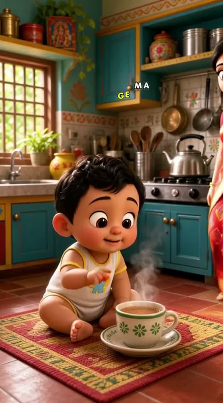 Funny 3D cartoon baby sitting in an Indian kitchen — AI cartoon