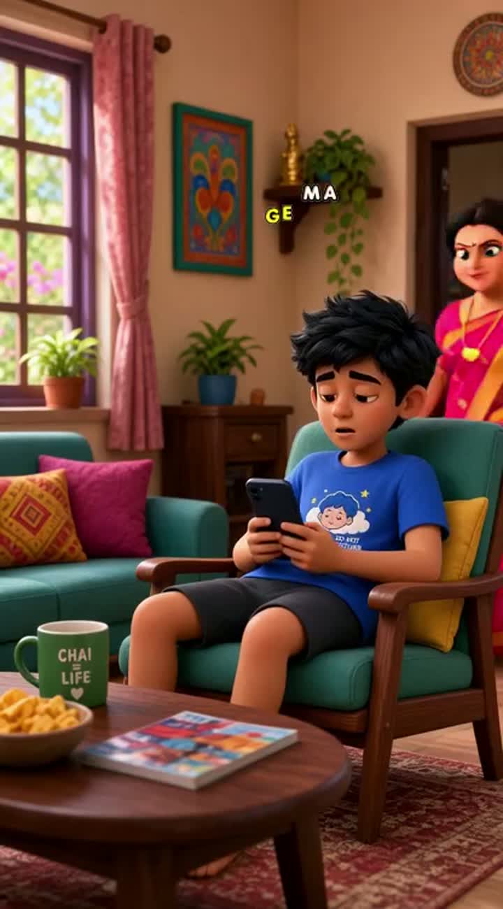 Funny 3D cartoon video of a lazy Indian boy sitting on a chair… — AI cartoon