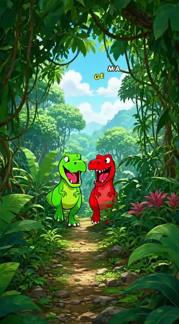 Two dinosaurs singing the alphabet in a jungle,and they… — AI cartoon