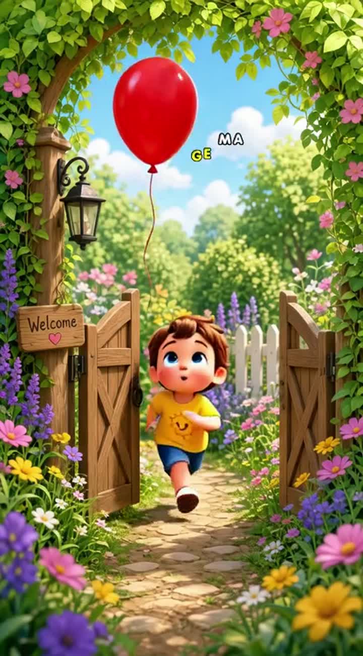 A cute little child comes to play in a garden — AI cartoon