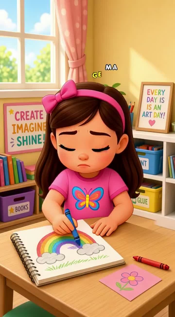 Mia and the Mystery of the Missing Red Crayon! — AI cartoon