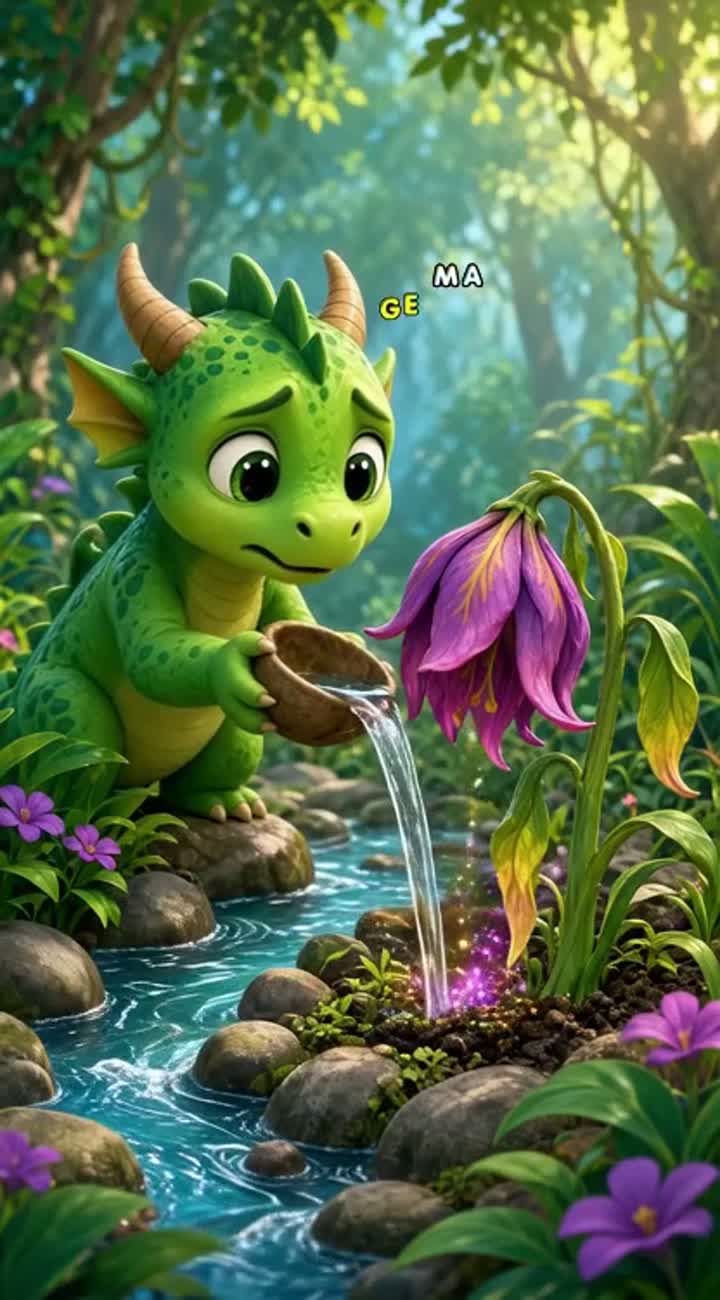 In a single continuous shot, a small green Dragon notices… — AI cartoon