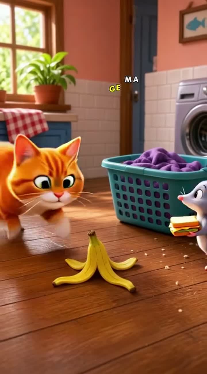 Funny 3D cartoon about a mischievous orange cat chasing a tiny… — AI cartoon