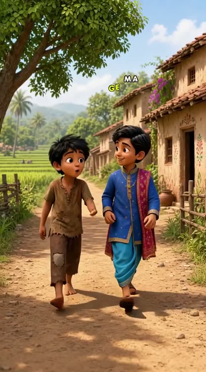Two Indian village boys named Raju and Ramu are childhood friends — AI cartoon