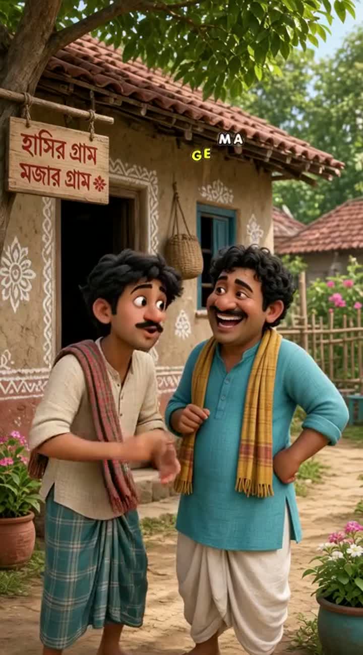 Smooth, fluid animation featuring two friends in a funny village… — AI cartoon