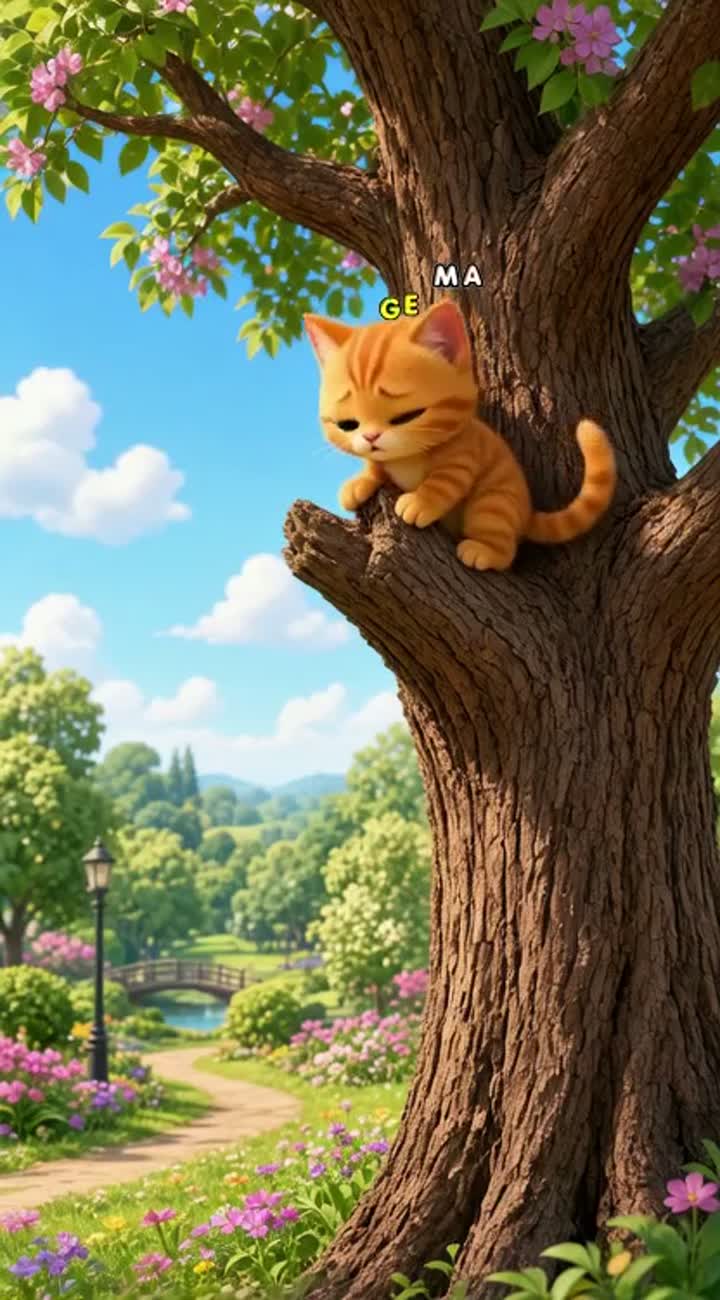 A cute orange kitten is stuck on a tall tree in a beautiful… — AI cartoon