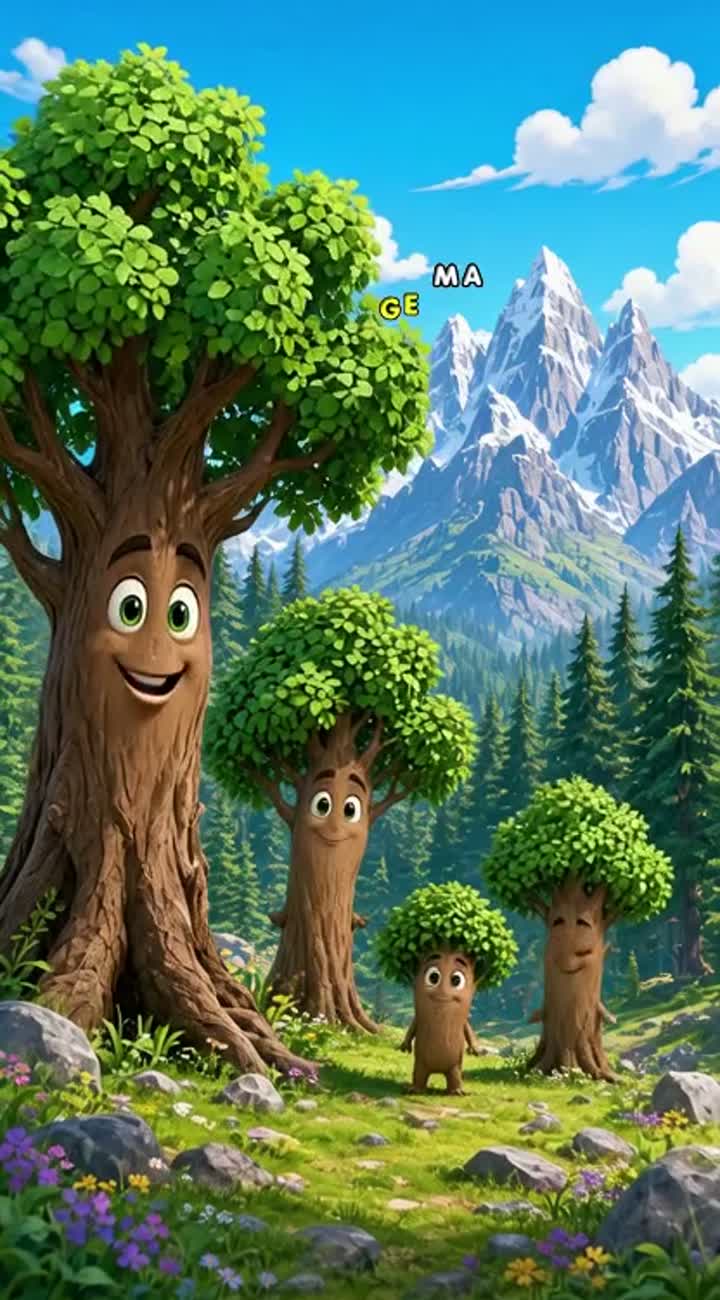 Cartoon of a tree with its family in the mountains having a good… — AI cartoon
