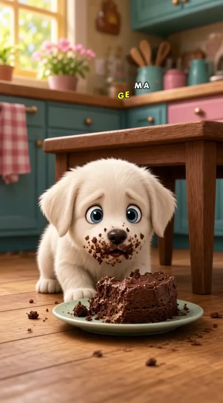 A tiny, adorable fluffy white puppy with big blue eyes sneaks… — AI cartoon