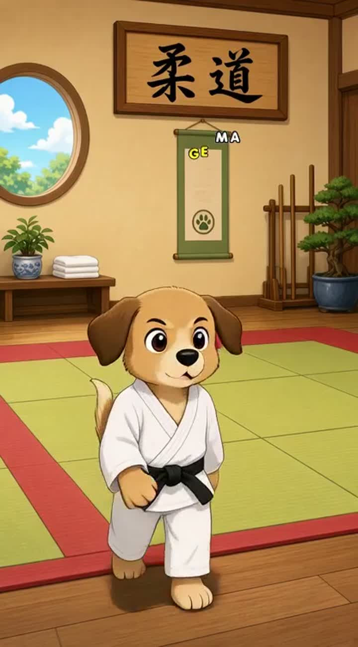Mały piesek o imieniu Burek zakłada białe kimono i wchodzi na matę — AI cartoon