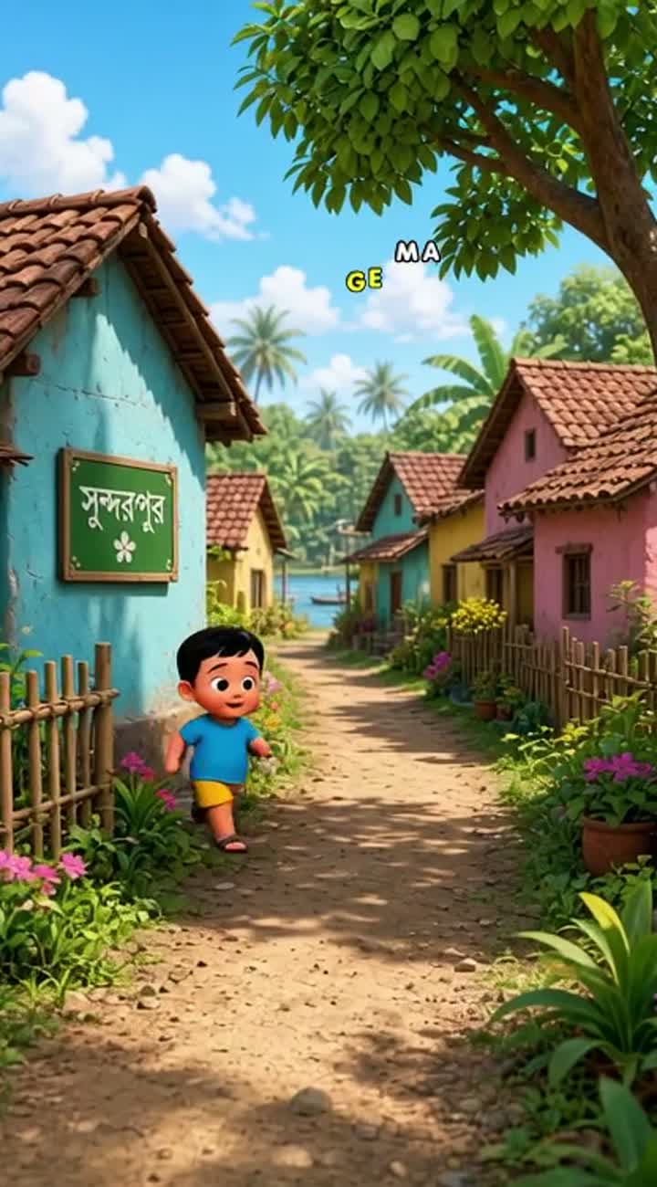 Colorful 3D cartoon of a little boy walking through a beautiful… — AI cartoon