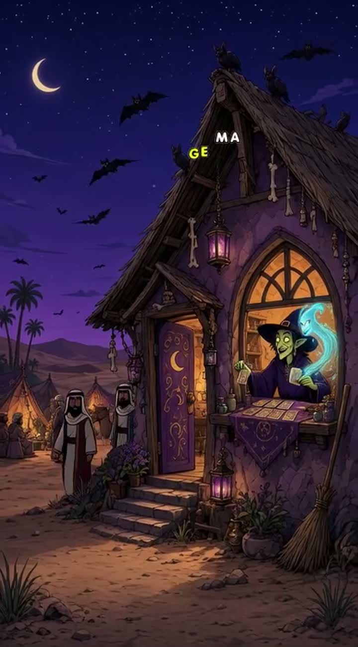 A scene unfolds around a witch's house, featuring Bedouins, bats… — AI cartoon