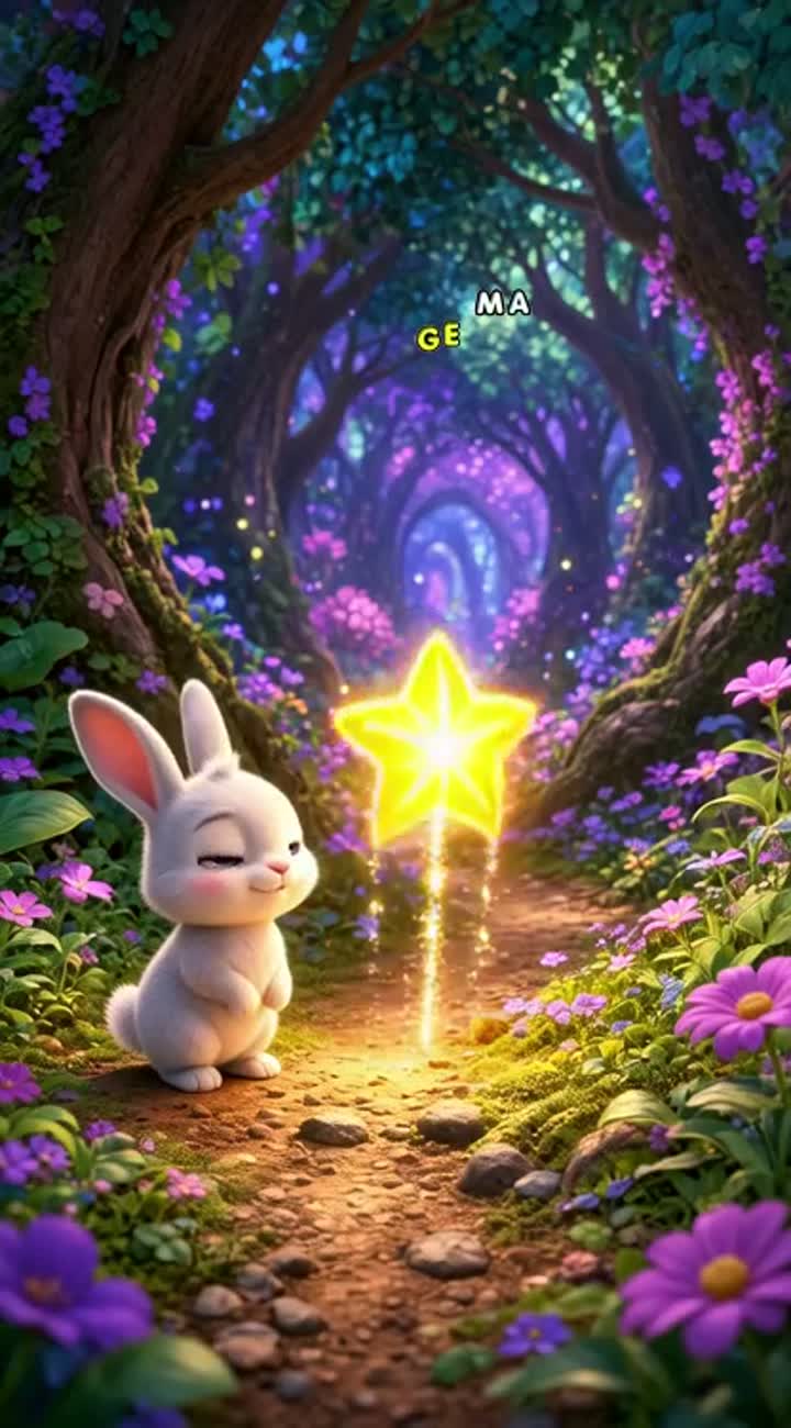 A tiny baby rabbit finds a glowing magical star in a beautiful… — AI cartoon