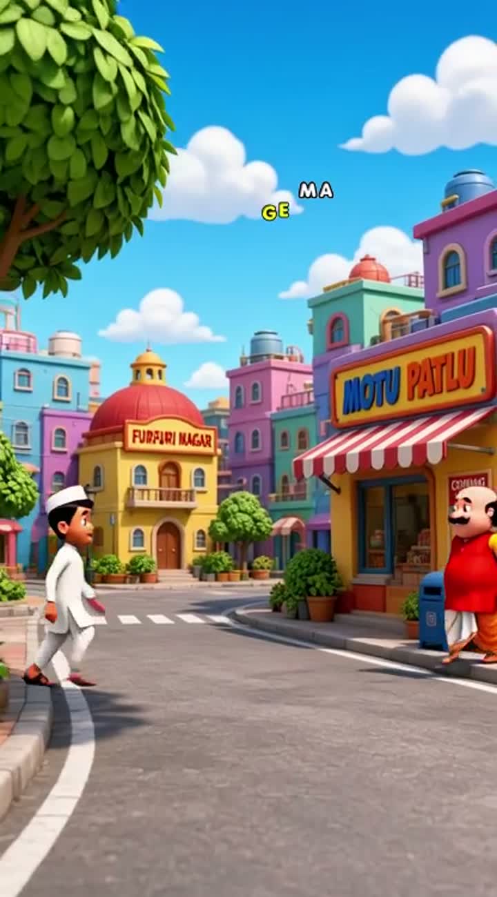 A young man meets Motu and Patlu in their colorful cartoon city — AI cartoon