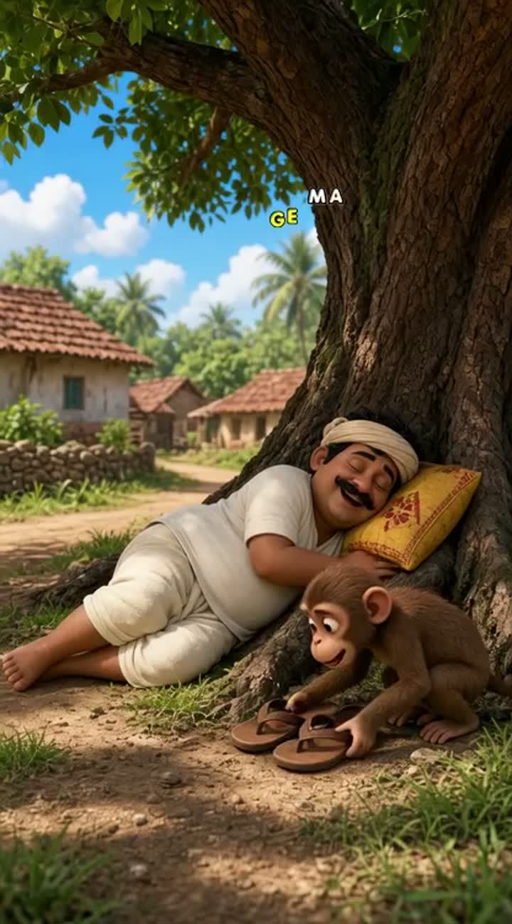 An Indian man is sleeping under a tree in a village — AI cartoon