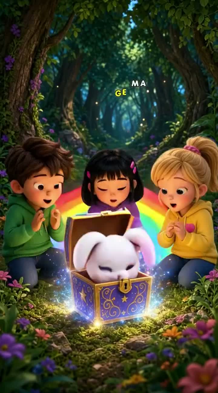 Cute 3D cartoon children in a colorful magical forest discover… — AI cartoon