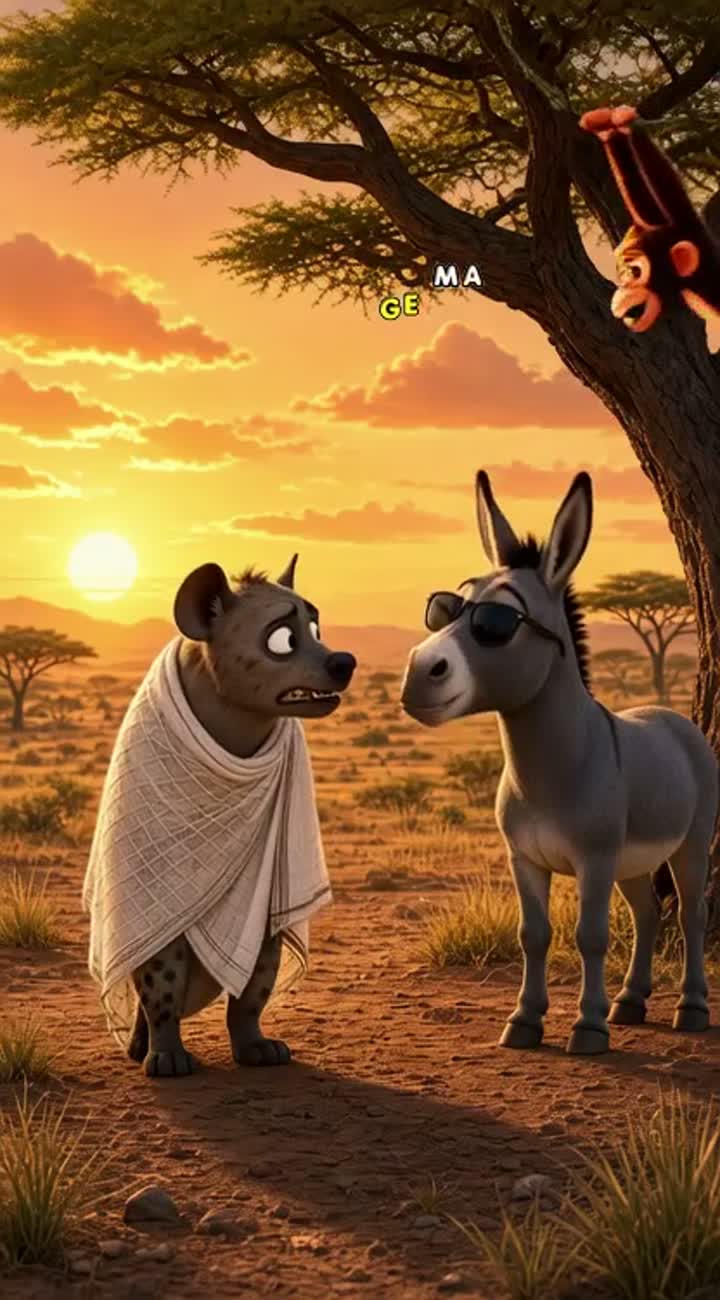 Funny 3D cartoon in the Ethiopian savannah at golden sunset — AI cartoon
