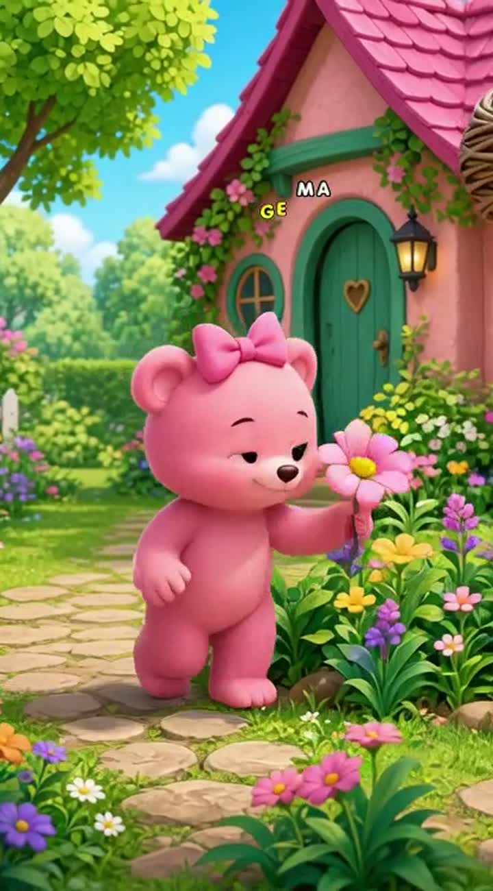 Com movimentos crie um desenho infantil de uma bebê ursa rosa em… — AI cartoon