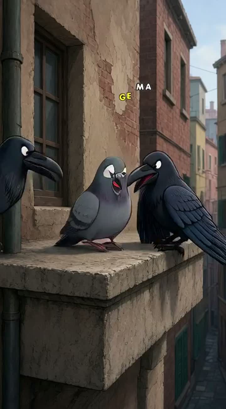A pigeon is sitting on a ledge when two crows fly in and land… — AI cartoon