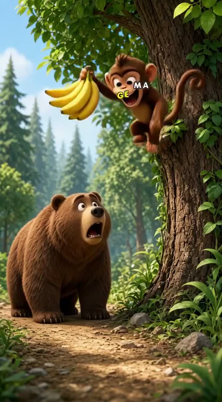 A funny cartoon monkey steals bananas from a bear, then says… — AI cartoon