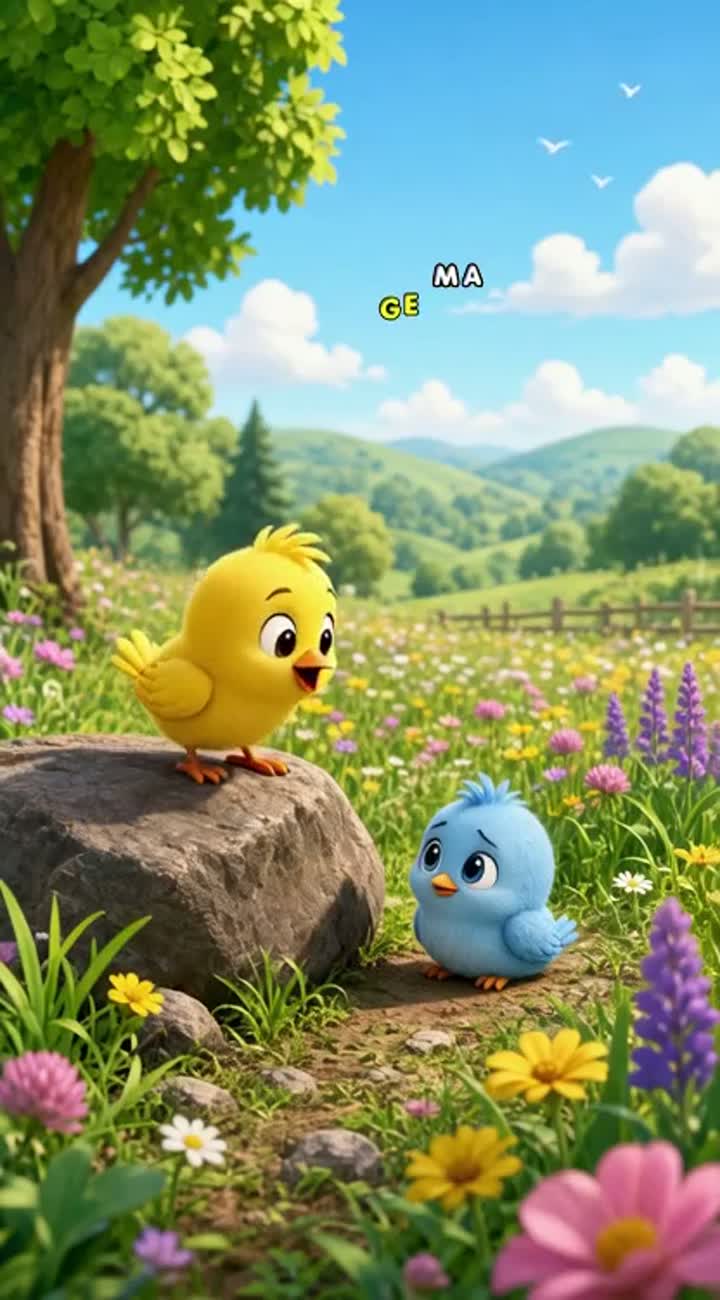 A cheerful little yellow bird finds a lost baby bird and helps it… — AI cartoon