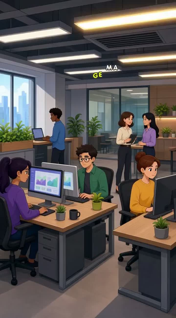Dynamic 2D cartoon animation set in a modern fintech company office — AI cartoon