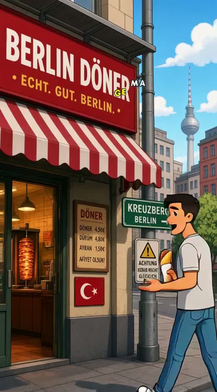 Ein zwanzig jähriger Albaner bestellt einen Döner in Berlin… — AI cartoon
