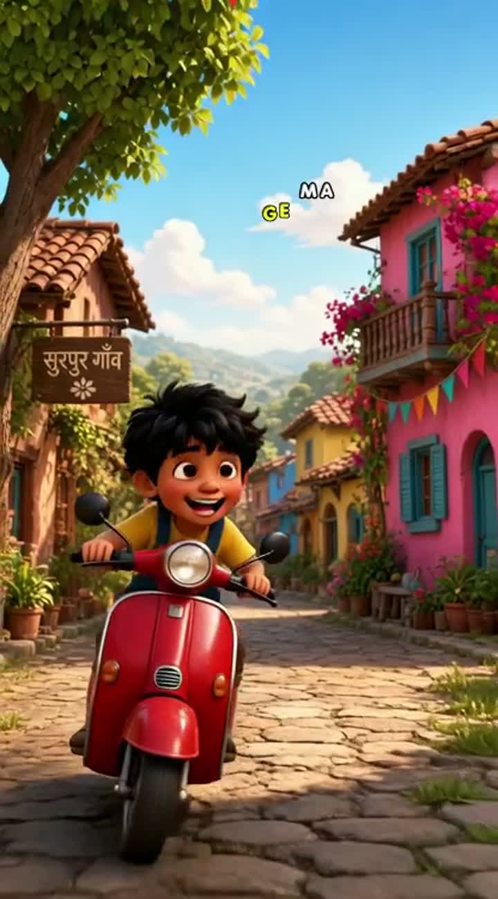 A funny 3D animated cartoon of a village boy riding a small… — AI cartoon