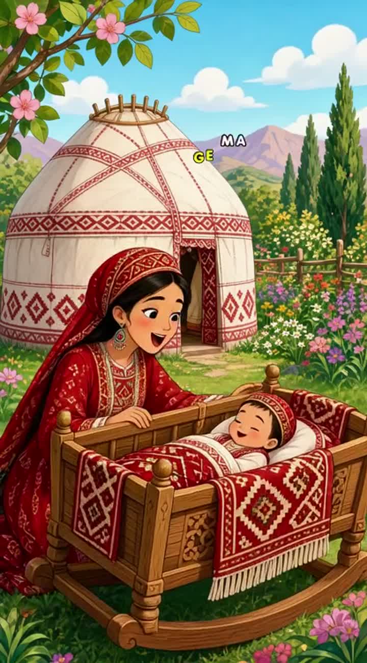 A loving Turkmen mother gently rocking her baby girl… — AI cartoon