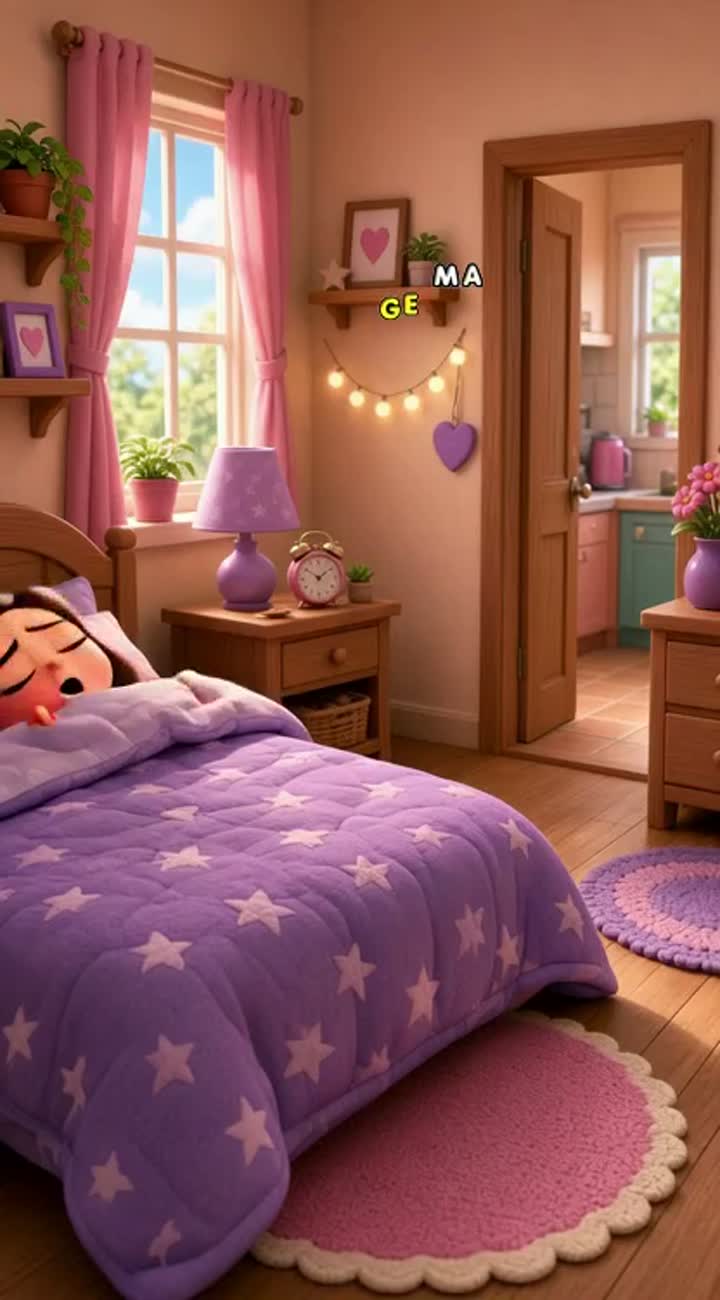 A cute 3D cartoon woman with big expressive eyes wakes up late… — AI cartoon