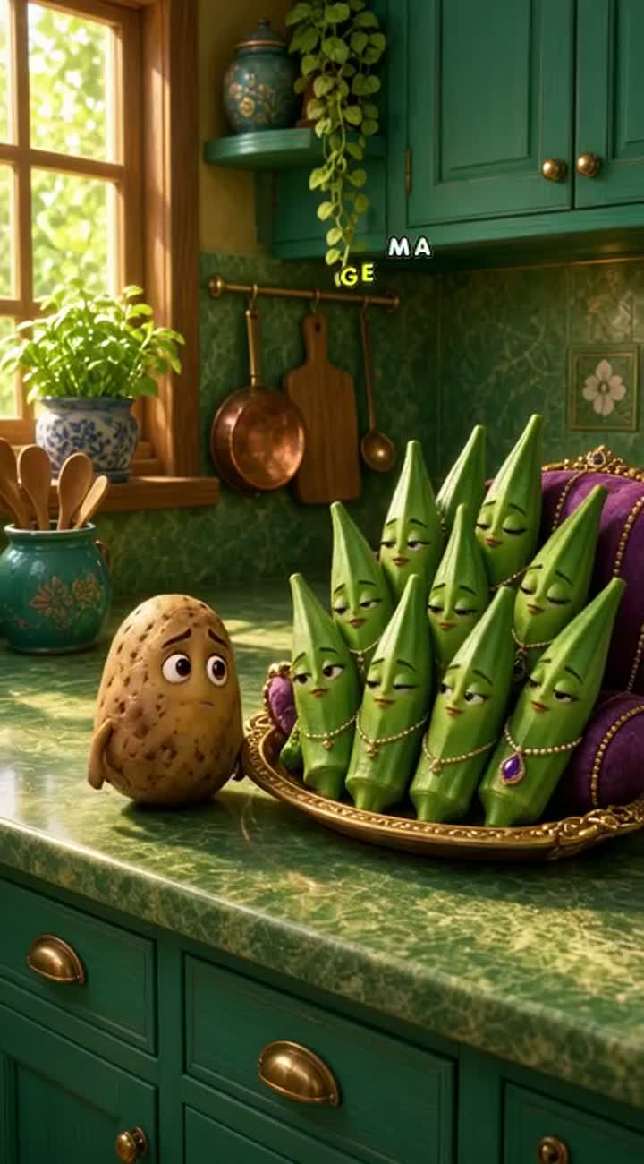 Ek baar ek sarsabz aur shaandar kitchen ke khushnuma kone mein… — AI cartoon