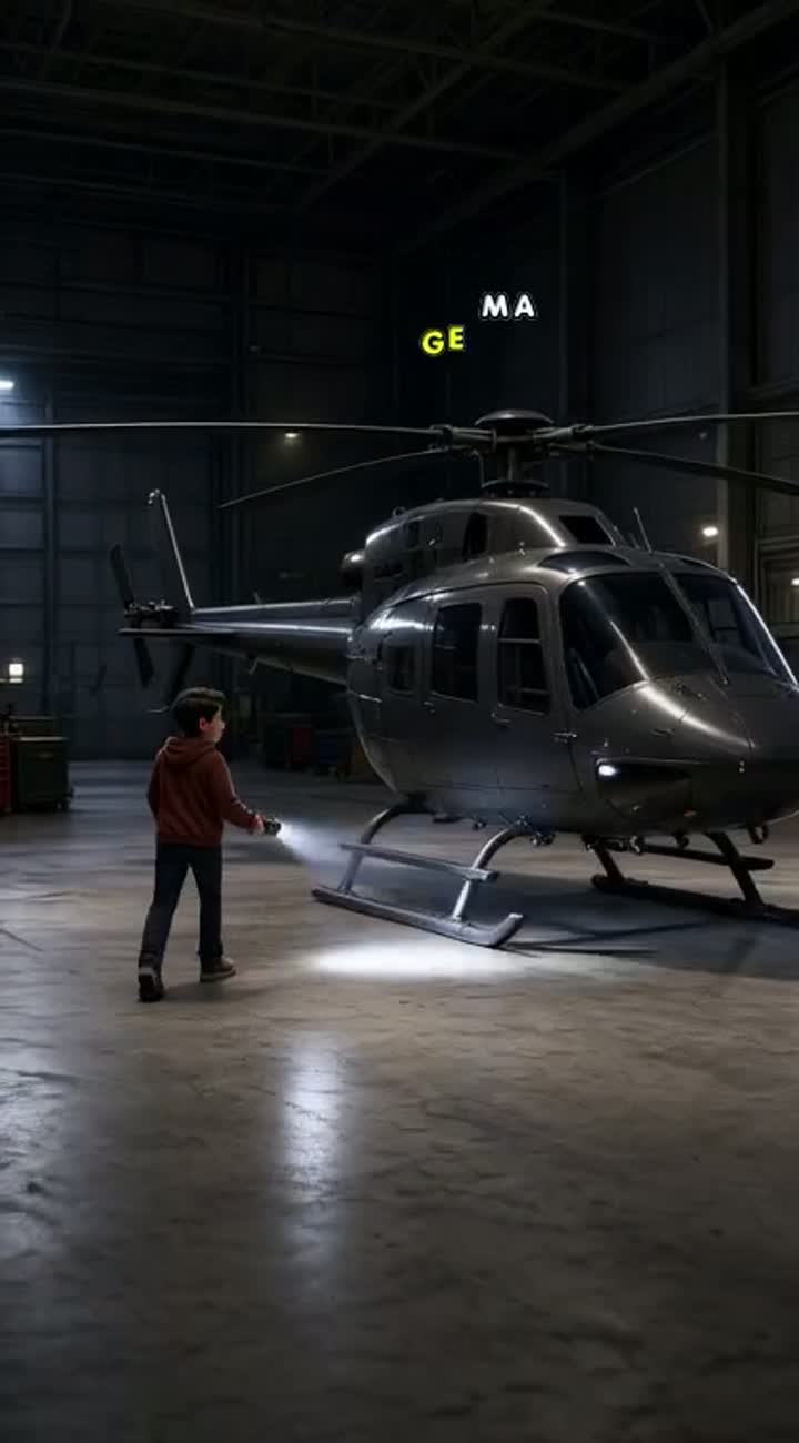 Realistic cinematic horizontal 16:9 video inside an aircraft hangar — AI cartoon
