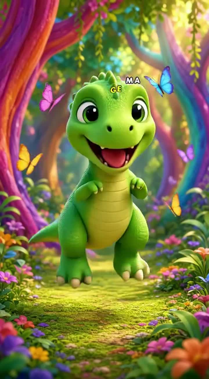 A cute little green baby dinosaur with big sparkling eyes dances… — AI cartoon