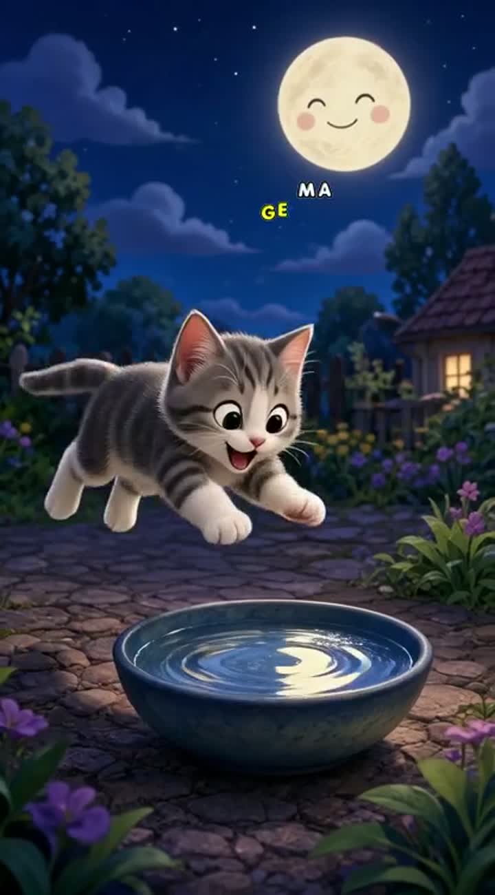 The Cat That Caught the Moon — AI cartoon