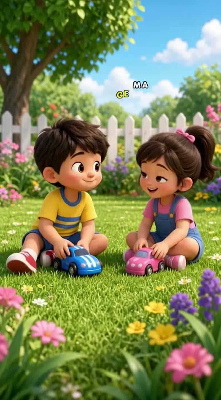 Cute 3D cartoon of a little boy and a little girl playing… — AI cartoon
