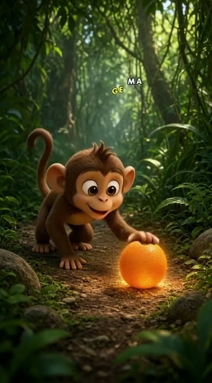 A cute little brown monkey discovers a glowing magical orange… — AI cartoon