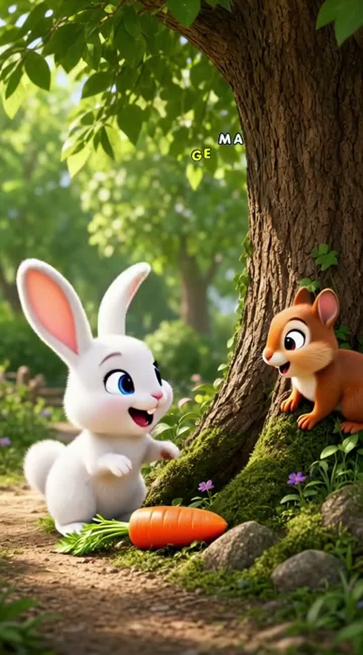 A cute white rabbit shares a carrot with a little brown squirrel — AI cartoon