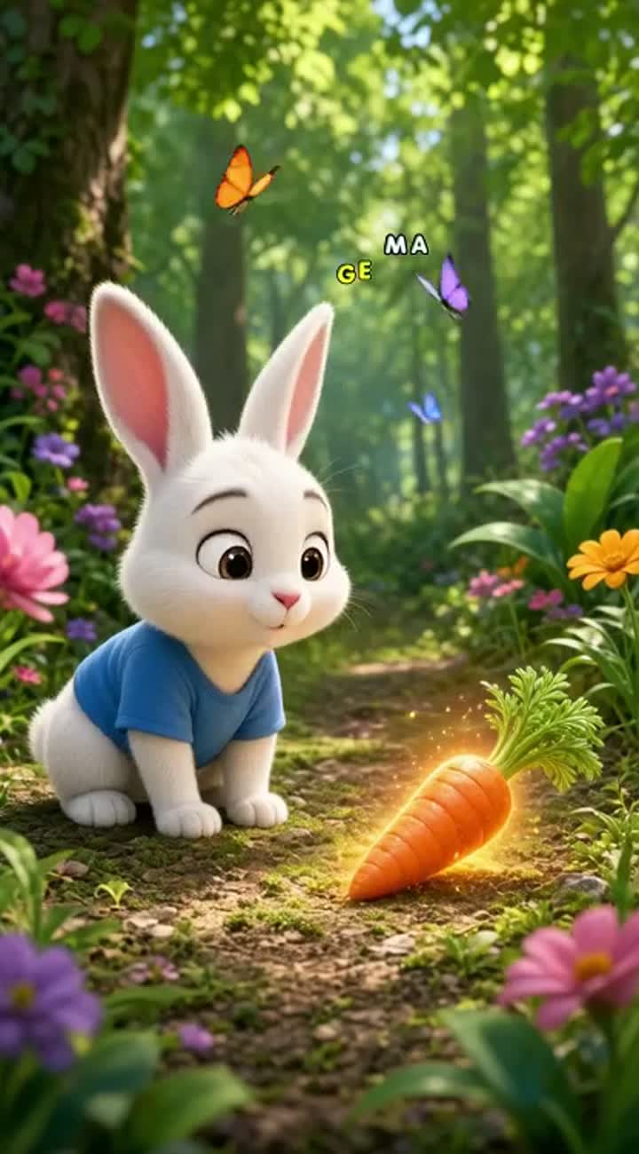 A little white rabbit wearing a blue shirt finds a magical glowing… — AI cartoon