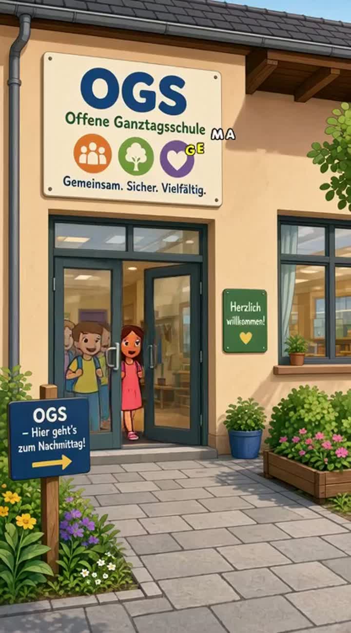 Über OGS über den Alltag und zwar gehen die Kinder morgens erst… — AI cartoon