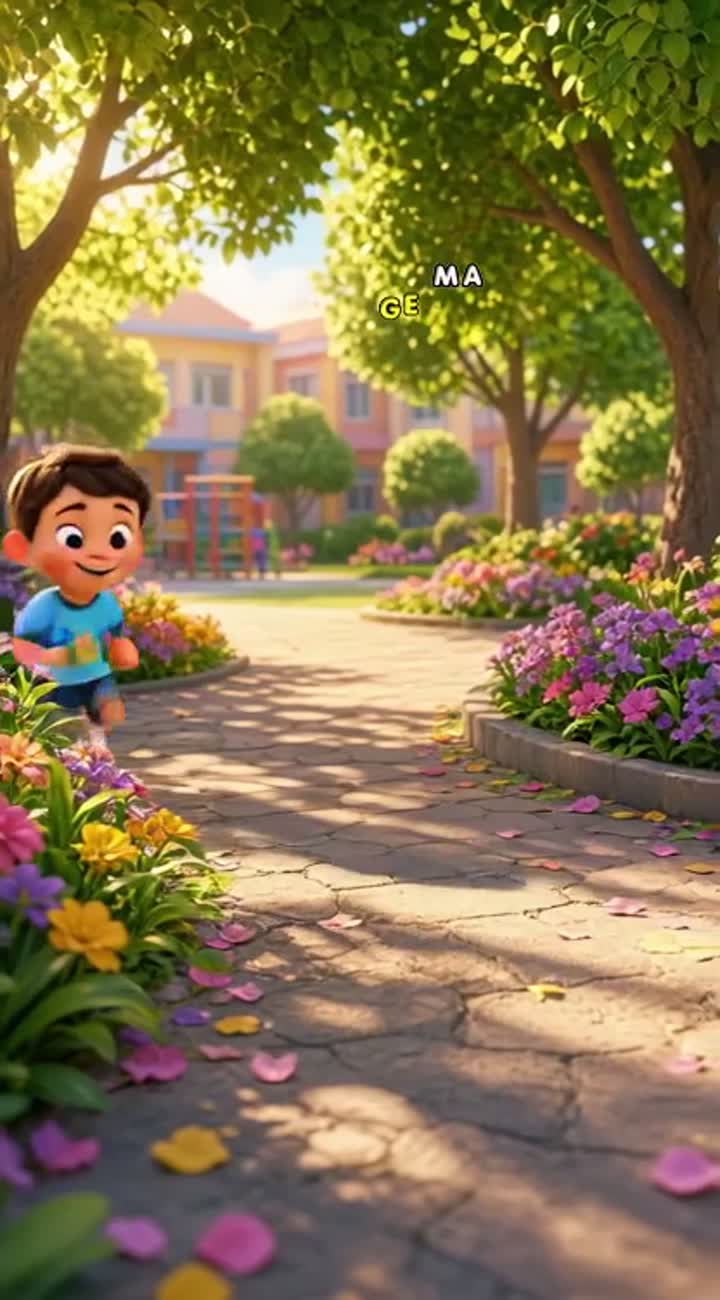 In a beautiful schoolyard filled with colourful flowers… — AI cartoon