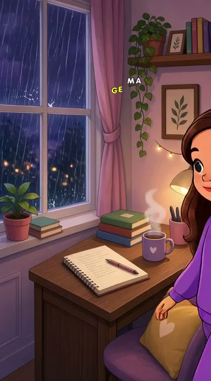 A cozy background with girl studying while it's raining outside… — AI cartoon