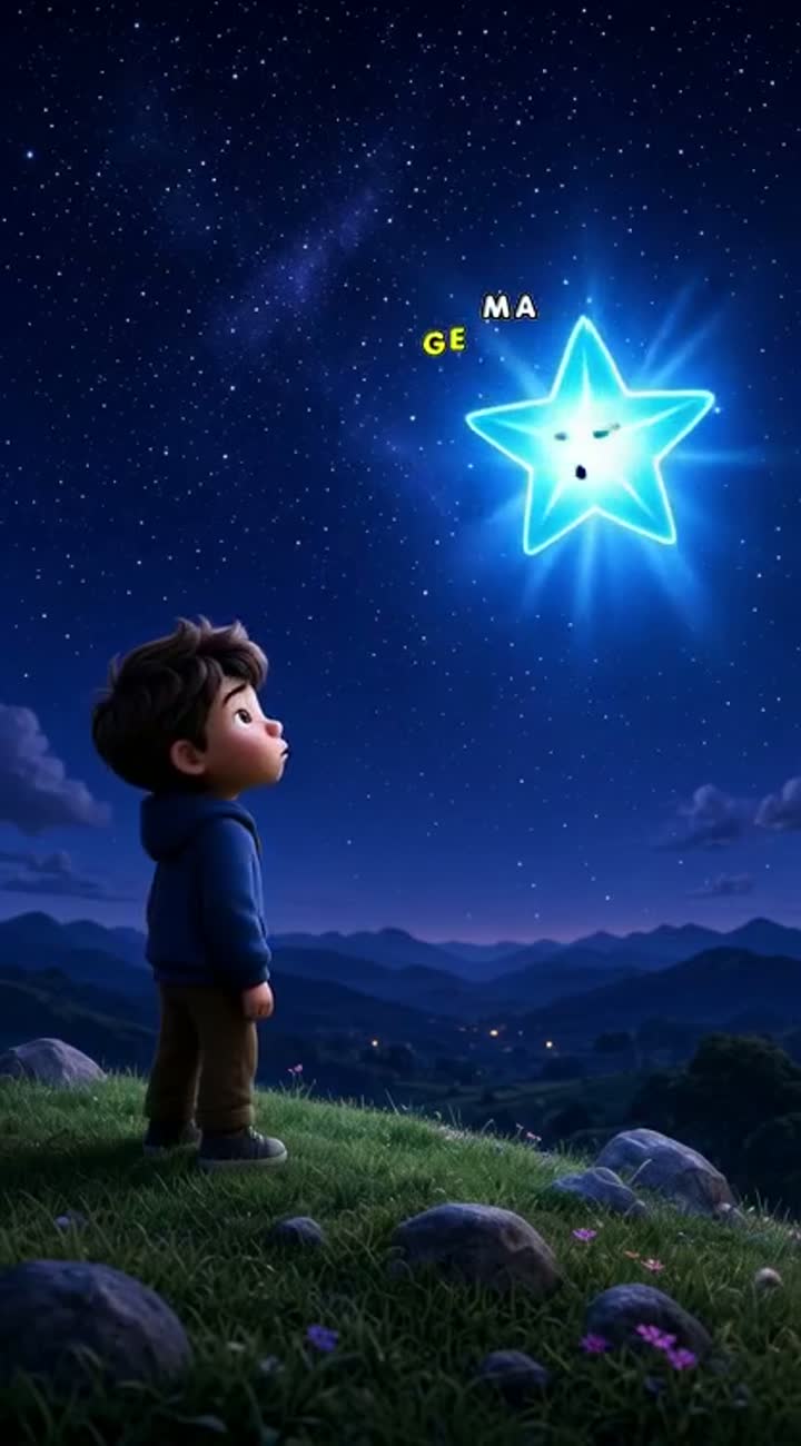 A boy stands on a hill at night, looking at the stars — AI cartoon