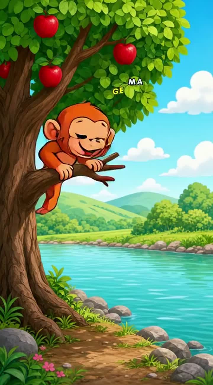 Once upon a time, a monkey lived in a big tree beside a river — AI cartoon