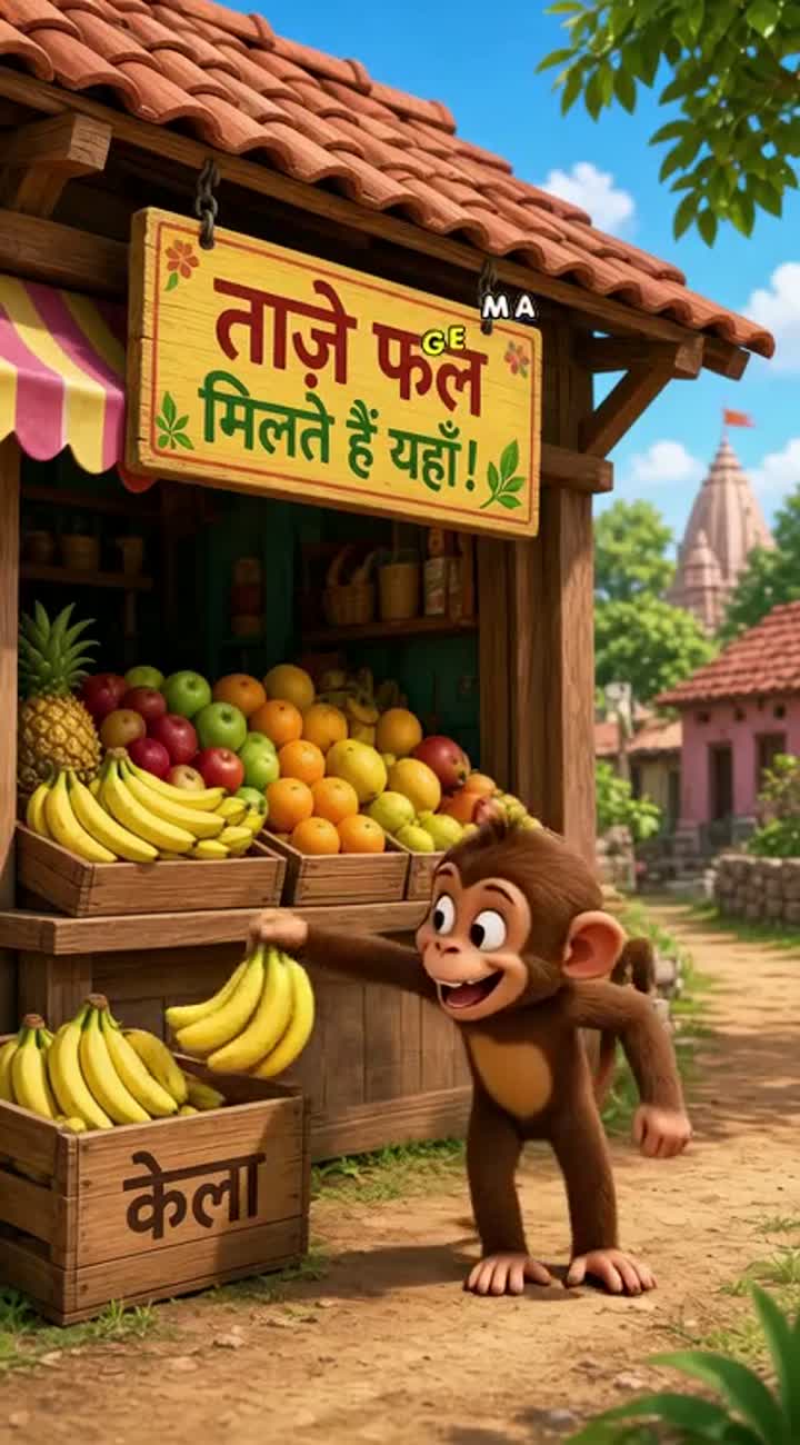 A cute little monkey steals bananas from a fruit shop, runs away… — AI cartoon