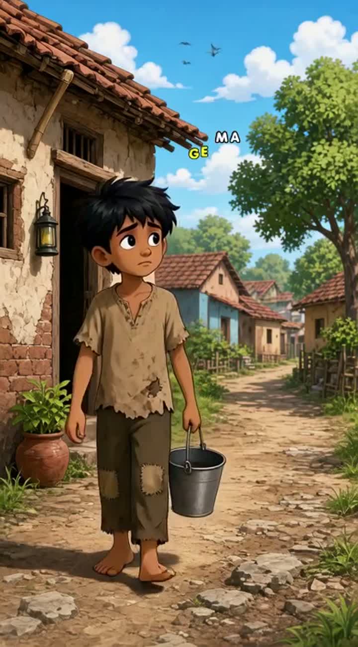 In a small village, a poor boy named Raju lives with his mother — AI cartoon