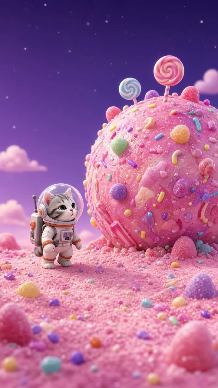A tiny astronaut cat discovering a candy planet Animated cartoon… — AI cartoon