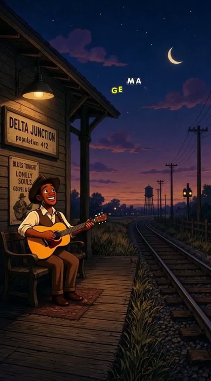 A soulful, vintage cartoon book trailer featuring a blues musician… — AI cartoon