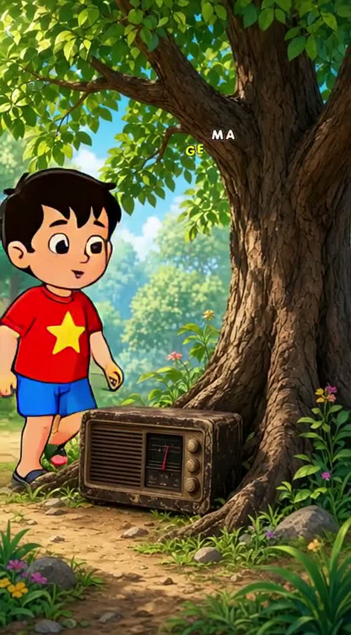 Golu discovers an old radio lying beneath a tree — AI cartoon