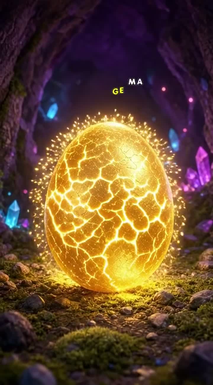 A giant golden egg shakes, glows, and cracks open — AI cartoon